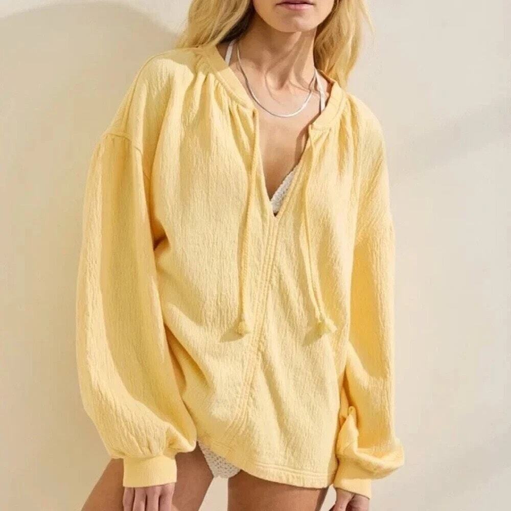 Aerie Gauzy V-Neck Tassel Easy Street Pullover Puff Sleeve Summer Preppy Boho